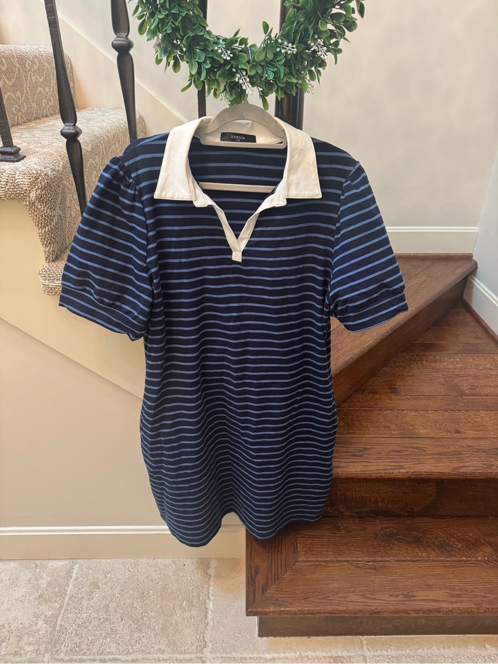 Women's Navy & Light Blue Striped Polo Dress with White Collar